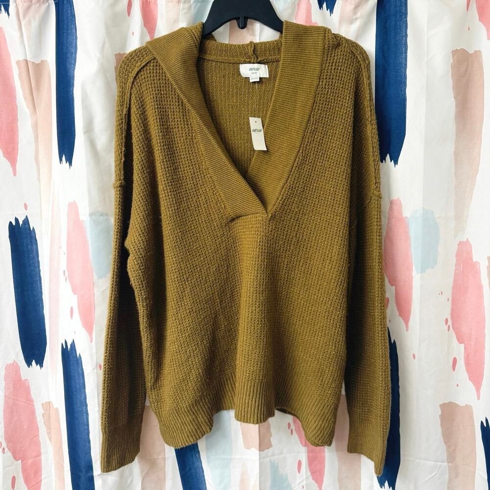 Aerie CozyUp Waffle Sweater Hoodie in Brown Tan Size XS